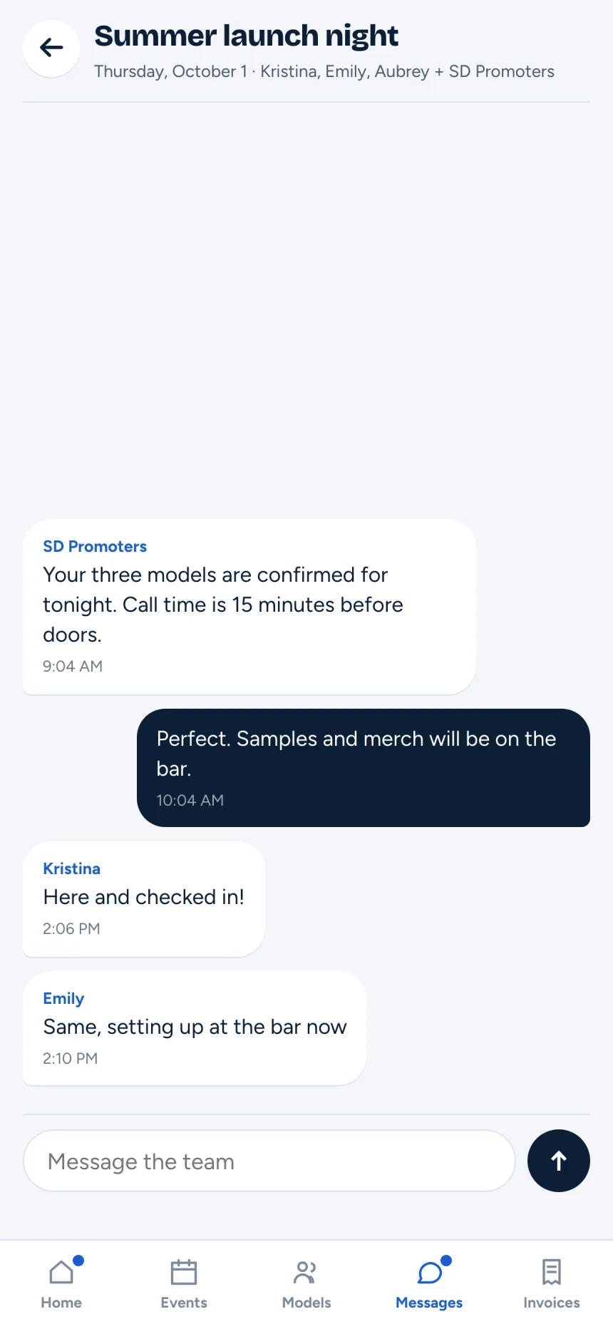 Screenshot of the client app group chat between the client, SD Model Promoters and the confirmed models for an event