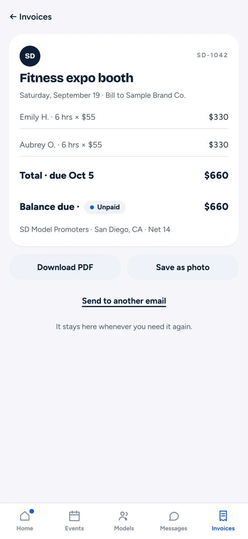 Screenshot of an invoice in the client app with a line for each model, the total and the balance due