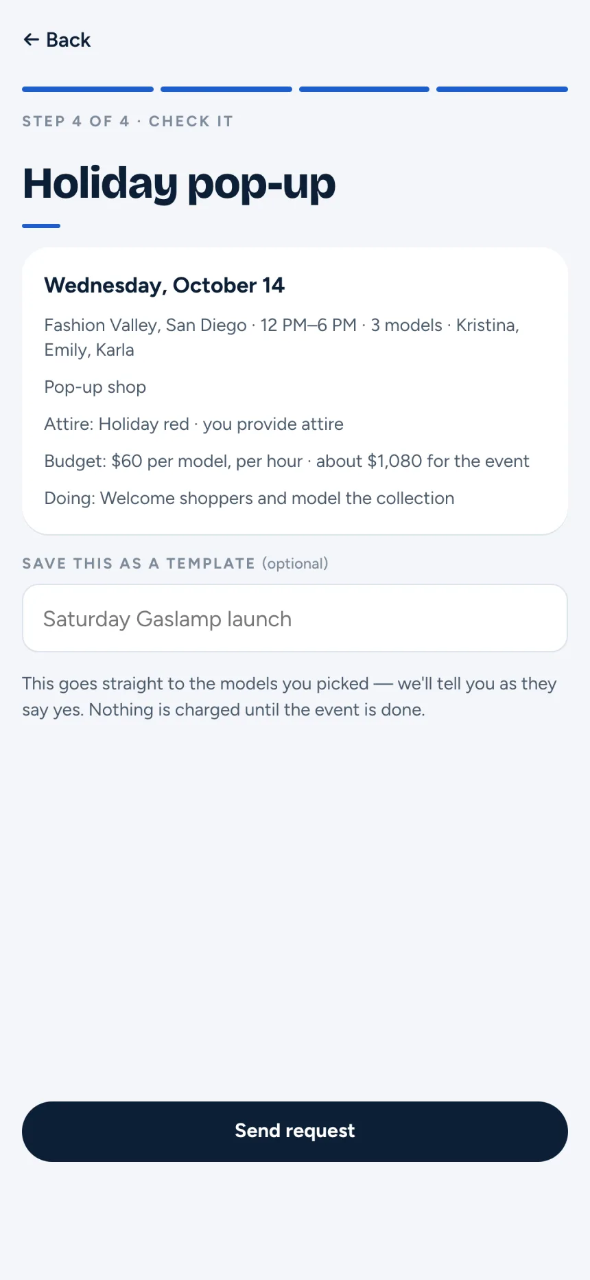 Screenshot of a request summary in the client app showing the date, location, models and budget before it is sent